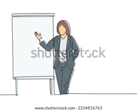 One single line drawing of young businesswoman presenting new golden rules of company to the workers. Effective training presentation concept continuous line draw graphic design vector illustration