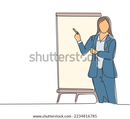 One single line drawing of young female presenter thinking while doing presentation at the office during meeting. Work presentation concept continuous line draw graphic design vector illustration