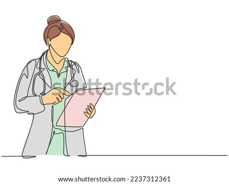 One single line drawing of young female doctor reading patient medical record on clipboard while stand at hospital hallway. Medical health care concept continuous line draw design vector illustration