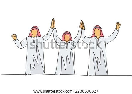 One single line drawing of young muslim marketing team raise hand together. Saudi Arabian businessmen with shmag, kandora, headscarf, thobe, ghutra. Continuous line draw design vector illustration