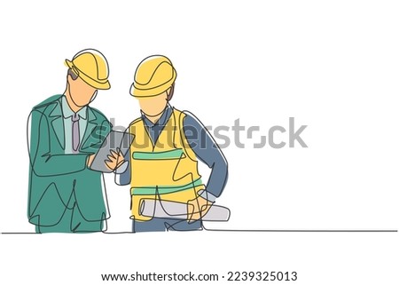One single line drawing of young construction manager do short brief to builder coordinator. Building architecture business concept. Continuous line draw design vector graphic illustration