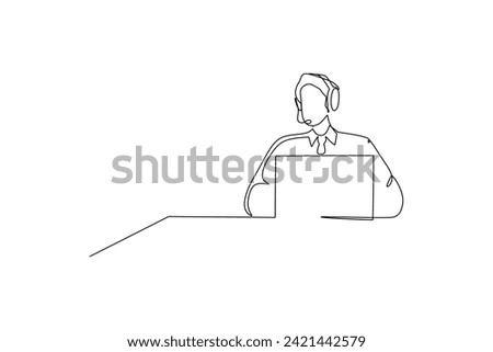 One single line drawing of young male customer service care working and  sitting in front of computer. Call center concept continuous line draw design vector illustration