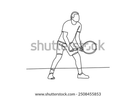 One single line drawing of young man was preparing to wait for the tennis ball to be thrown. Individual sports, training concept. Modern continuous line draw design for sports competition banner.
