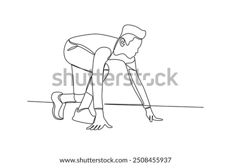 One single line drawing of young man get ready to run during the race. Individual sports, training concept. Modern continuous line draw design for sports competition banner.