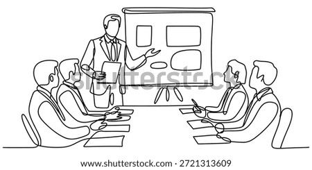 One single line drawing of young startup founders brainstorming innovation ideas in a meeting at the office. Business presentation concept continuous line draw design vector graphic illustration