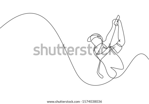 One single line drawing of young sporty golf\
player hit the ball using golf club graphic vector illustration.\
Healthy sport concept. Modern continuous line draw design for golf\
tournament poster