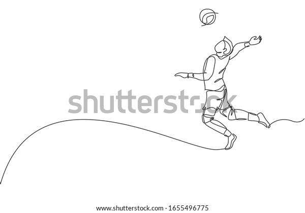 One single line drawing of young male professional\
volleyball player exercising jumping spike on court vector\
illustration. Team sport concept. Tournament event.  Modern\
continuous line draw\
design