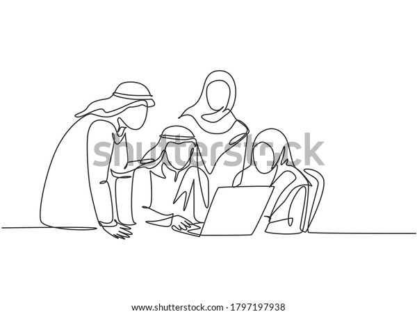 One single line drawing of young muslim business community discussing