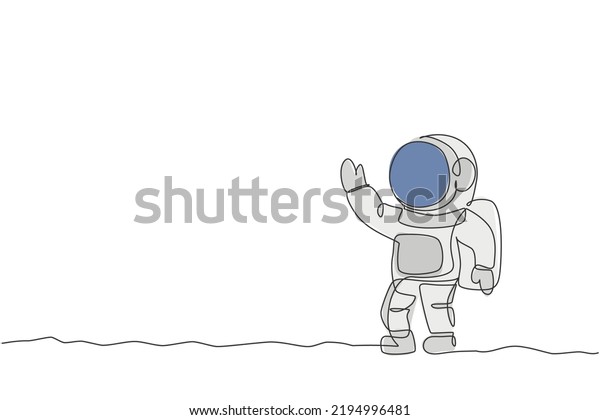 One\
single line drawing of young astronaut in spacesuit flying at outer\
space vector graphic illustration. Spaceman adventure galactic\
space concept. Modern continuous line draw\
design