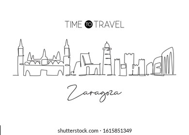 One single line drawing of Zaragoza city skyline, Spain. Historical skyscraper landscape in the world. Best holiday destination wall decor poster print. Continuous line draw design vector illustration