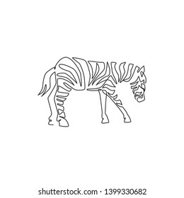One single line drawing of zebra for zoo safari national park logo identity. Typical horse from Africa with stripes concept for kids playground mascot. Continuous line draw vector design illustration