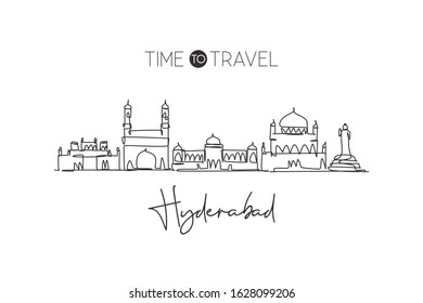 One single line drawingHyderabad city skyline, India. Historical town landscape in the world. Best holiday destination. Editable stroke trendy continuous line draw design graphic vector illustration