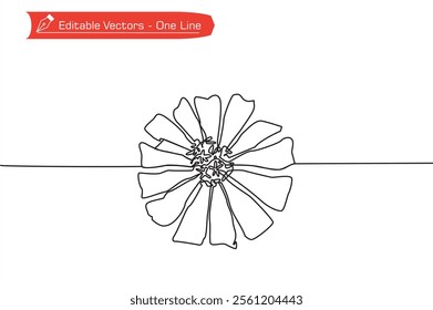 One single line of elegant zinia flower drawing. Vector illustration of one continuous line of hand drawn zinia flower. Zinnia flower for logo, symbol, icon. For screen printing and embroidery.