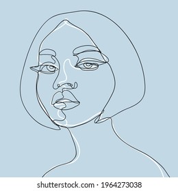 One single line girl or woman hand drawn on blue background with white line behind black illustration design. 