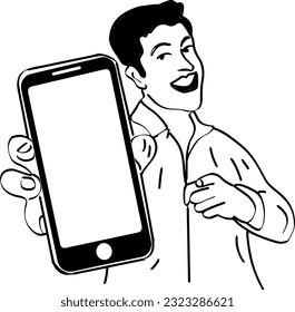 One Single Line Illustration: Cheerful Boy Poses with Blank Screen Smartphone, "Single Line Vector Illustration: Happy Boy Shows Smartphone Blank Screen"