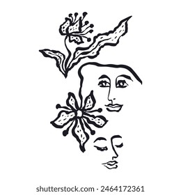 Eine einzige Linie Tintenzeichnung von abstrakten weiblichen Gesicht und Blumen isoliert auf weiß. Monochromes minimalistisches Porträt. Moderne trendige Mode-Skizze des Frauenkopfes