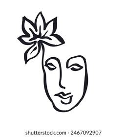 One single line ink drawing of abstract female face and flowers isolated on white. Monochrome minimalist portrait. Modern trendy fashion sketch of woman head