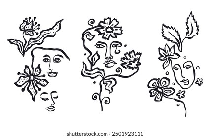 One single line ink drawing of abstract female faces and flowers set isolated on white. Monochrome minimalist portraits bundle. Modern trendy fashion sketch of woman head