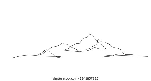 Un solo plano de pluma de vista panorámica de montaña. 
Dibujo continuo de líneas del fondo del paisaje de la cordillera. Ilustración de la naturaleza con estilo de arte de línea. Estilo lineal simple vectorial. Dibujo a mano