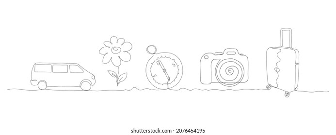 One Single Line Roadtrip Icons Set Isolated On White Background. Beautiful Hand-drawn Design Vector Illustration For Posters, Wall Art, Tote Bag, Mobile Case, T-shirt Print. 