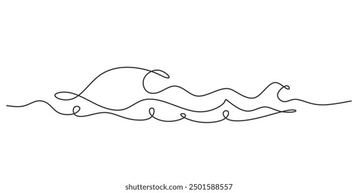 One single line simple ocean wave drawing. Sea wave continuous line drawing vector illustration isolated on white background..