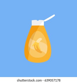 one single modern simple clean top new banana syrup bottle vector or syrup drip with label isolated flat design style cartoon. sweet & tasty dessert spreading opened yellow fruit pancake syrup. 