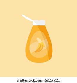 one single modern simple clean top new banana syrup bottle vector or syrup drip with label isolated flat design style cartoon. sweet & tasty dessert spreading opened yellow fruit pancake syrup. 