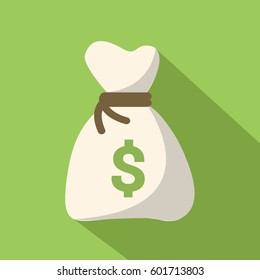 one single money bag dollar icon vector illustration on a green background on flat design with shadow for business or finance