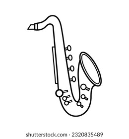 Un único contorno vectorial de instrumentos de trompeta saxofónica aislado en fondo blanco cuadrado. Sencillo dibujo de instrumentos musicales minimalistas planos.