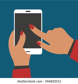one single simple & modern female & woman's hands vector & beautiful nice Finger pointing with a nail at the touch screen of the mobile or white smart phone on a flat design illustration simple