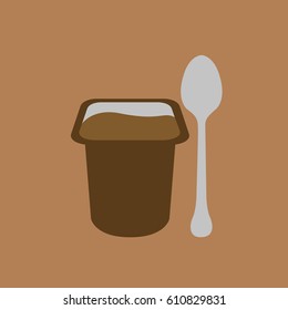 one single spoon clean & tasty chocolate creamy yogurt treat vector illustration. tasty & Delicious pudding in open plastic simple cup for kids, children & baby on flat design style brown background