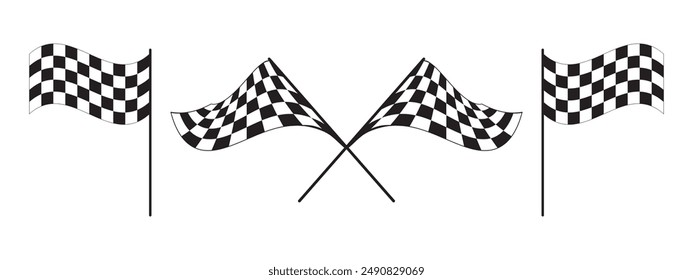 One single and two crossed race flags with checkered black and white pattern. Start or finish symbols on sport car competitions. Rally or motocross props. Vector graphic illustration.