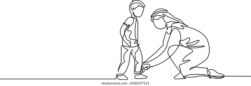 One single-line drawing of a young mother helping her son tie his shoes vector illustration. Happy family parenting concept. Modern continuous line draw design