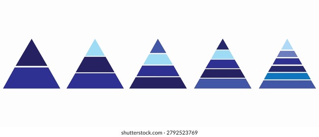 one to six level Pyramid infographic blue set. Triangle hierarchy data segments collection. Vector business illustration isolated on white.
