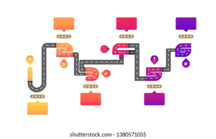 one to six way roadmap timeline elements with markpoint graph think search gear target icons. vector illustration eps10