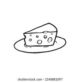 One slice of cheese hand made outline illustration vector image. Delicious product made from milk pen drawing single symbol. Hand drawn food with holes contour artwork. Organic and healthy food logo.