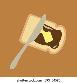 one Slice flat design isolated & bread or toast illustration with stretched hot modern butter & sweet clean chocolate spread vector.Knife spreading margarine on a piece of bread