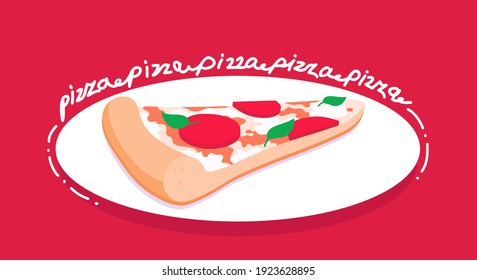 One slice of pepperoni pizza on a white plate. Red background. Italian food. A vector flat cartoon illustration.