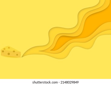 One Slice Of Porous Cheese, Placed On The Left With Paper Art Curve Vector Abstract Background In Yellow Cheese Tone Color. 