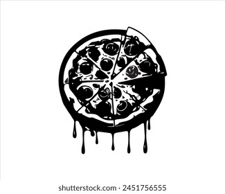 Una rebanada separada de la silueta de la pizza con Ilustración vectorial de queso que fluye sobre fondo blanco. Icono de pizza. Vector de pizza.