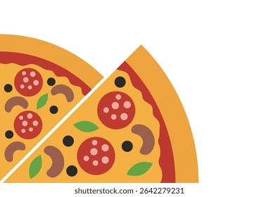 One sliced pizza with pepperoni, mushrooms, black olives, and basil leaf. Fast food concept with copy space.