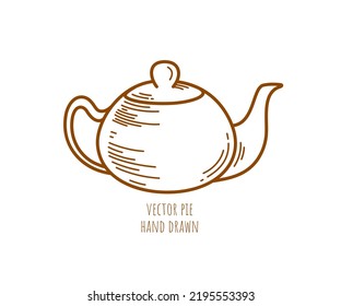 One small vintage ceramic teapot vector icon on white background. Tea ceremony. Kitchen dishes. Decorative element for menu design, advertising layout, banner. Hand drawn art illustration. Brewing. 
