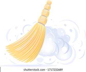 One small yellow broom sweep floor with clouds of dust isolated illustration, household implement from dust and dirt, sorghum broom cleaning