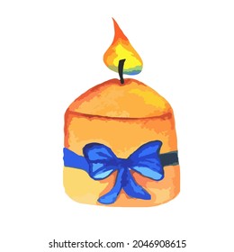 una pequeña vela amarilla de cera ardiente hecha de parafina con arco azul. llama de la vela navideña con cinta adhesiva para Año Nuevo. Ilustración de acuarela