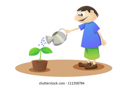 One smiling boy watering a young plant.