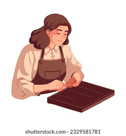 One smiling chef holding dessert in kitchen icon isolated