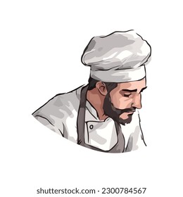 One smiling chef in uniform cooking gourmet food over white