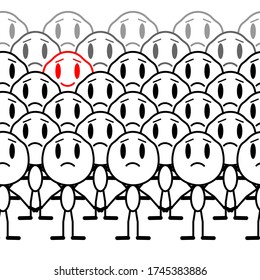 One smiling man stands out among the crowd of sad people.