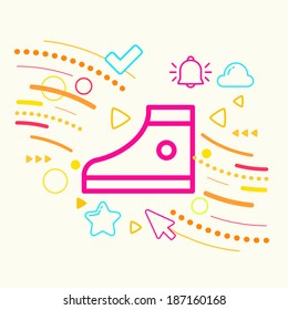 One sneakers on abstract colorful geometric light background with different icon and elements. Flat design for the web, print, banner, advertising.