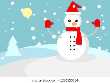 one snowman in the snow. blue background. 